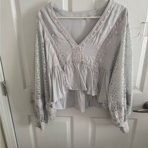 Free People Light Gray Lace Blouse